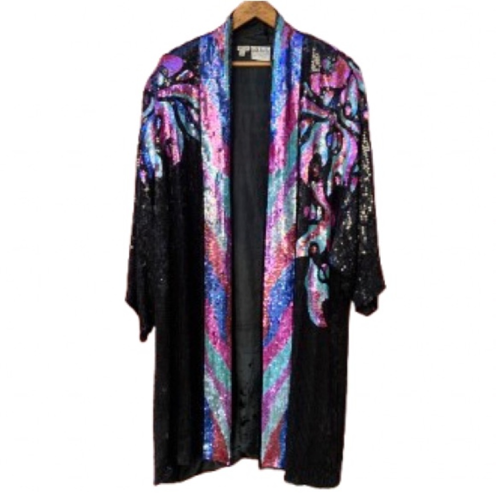Judith Ann Creations Vintage Beaded Sequin Silk Duster Jacket Women's Size 3X